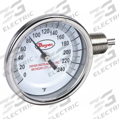 Dwyer Dial Thermometer: 0°F to 240°F, ±2%Full Scale Accuracy, 4 in Stem Lg - Side- & Bottom-Mount Fixed-Angle Thread-Mount Dial Thermometers