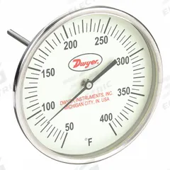 DWYER Glow-in-the-Dark Dial Thermometer: 50°F to 400°F, +/- 1% Accuracy, 5 in Dial Dia, Male (MPN GBTB540121). Key specifications — Accuracy: +/- 1%; Brand: DWYER.