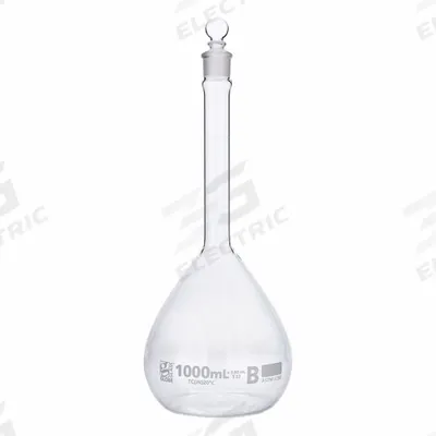 GLOBE SCIENTIFIC Glass Flasks: 1,000 mL, Colorless, B, 0.6 mL, Includes Closure - Glass Volumetric Flasks