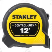 STANLEY Tape Measure: Nonmagnetic Double Hook Tip, 12 ft, Plastic, Black/Yellow (MPN STHT37242). Key specifications — attr935324: STANLEY; attr942259: Black; attr935326: Finger Brake; attr935328: 1/32 in; attr935329: Inches; attr935337: SAE; attr936607: Auto Lock; attr972446: Inch.