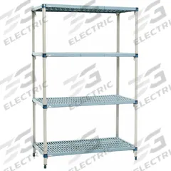 METRO Shelf Plastic Industrial Shelving (4): 18 in x 24 in, 62 in Overall Ht, 4 Shelves (MPN Q316G3). Key specifications — Resistance Properties: Antimicrobial; Shelf Adjustment Type: Quick-Adjust; Frame Material: Steel; Shelving Material: Steel; Brand: METRO.