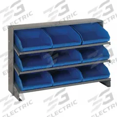 QUANTUM STORAGE SYSTEMS Bench Pick Rack: 36 in x 12 in x 27 in, 1 Usable Sides, 3 Shelves, 9 Bins (MPN QPRHA-209BL). Key specifications — Bin HxWxD: (9) 6 in x 11-1/8 in x 11-5/8 in; Frame Material: Steel; Frame Color: Gray; Bin Color: Blue; Brand: QUANTUM STORAGE SYSTEMS.