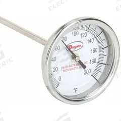 DWYER Long Reach Dial Thermometer: 0°F to 200°F, +/- 1% Accuracy, 3 in Dial Dia, 1/2 in Thread Size (MPN BTLRN372101). Key specifications — Accuracy: +/- 1%; Housing Material: Stainless Steel; Brand: DWYER.