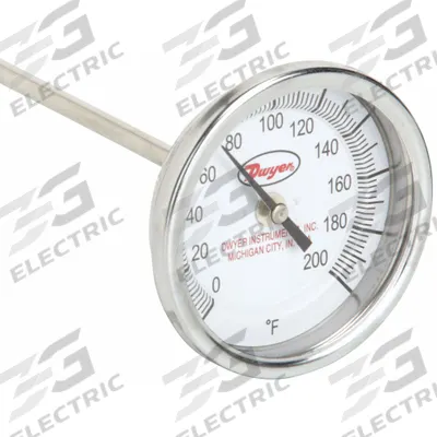 Dwyer Long Reach Dial Thermometer: 0°F to 200°F, +/- 1% Accuracy, 3 in Dial Dia - Fixed-Angle Long-Reach Thread-Mount Dial Thermometers