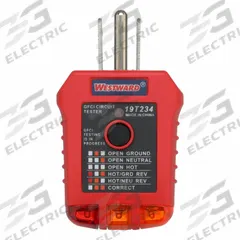 WESTWARD Receptacle Tester with GFCI: 110 V AC to 125 V AC, 5-15P, GFCI, Light, No Display (MPN 19T234). Key specifications — Load Current: 6 to 9 mA; Brand: WESTWARD; CAT Safety Rating: Not Rated.