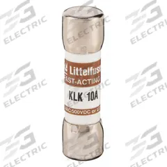 LITTELFUSE Fuse: KLK Series, Midget, Fast-Acting, 10 A, 600 V AC, 500 V DC, 13/32 in x 1 1/2 in (MPN KLK010). Key specifications — attr1287209: KLK; attr211192: LITTELFUSE.