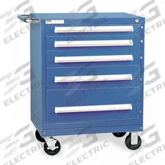 VIDMAR Modular Drawer Cabinet: 30 in x 21 1/4 in x 33 in, 5 Drawers, Pull, Adj Dividers, Casters (MPN RP1150A-MBKABB). Key specifications — Cabinet Color: Bright Blue; Frame Assembled: Assembled; Base Type: Casters; Drawer Inside Height: (1) 8-1/2 in; Drawer HxWxD: (1) 3 in x 18-1/2 in x 25-1/8 in; Work Surface Material: Steel; Drawer Handle Type: Pull; Cabinet Material: Steel.
