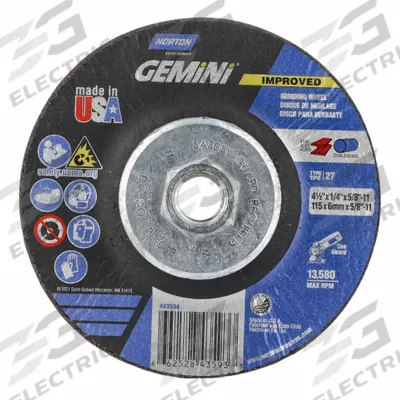 NORTON Depressed Center Grinding Wheel: Type 27, 4 1/2" x 1/4" x 5/8"-11, Aluminum Oxide - General Purpose Grinding Wheels for Carbon & Stainless Steel