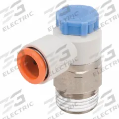 SMC Speed Control Valve: Elbow Fitting, Screw, 3/8 in Valve Body Size, 1/4 in Tube, Meter In (MPN AS3211F-N03-07S). Key specifications — attr947203: Brass/PBT; attr947205: SMC.