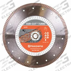 HUSQVARNA Diamond Saw Blade: Brick/Concrete/Granite/Marble/Stone, 4 in Blade Dia., Wet/Dry, Better (MPN Vari-Cut Turbo 4). Key specifications — attr1097734: Wet/Dry; attr1097738: Tile Saw; attr1097751: HUSQVARNA.