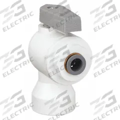 PARKER Manual Two-Way Ball Valve: 1/4 in, Polypropylene, Angle, Push x FNPT, Full Port Ball Port (MPN LFPP4VFE4). Key specifications — Brand: PARKER; Handle: Lever.