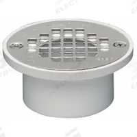 OATEY Floor Drain: 5 in Overall Dia, 5 in Grate Size, 3 in Nominal Pipe Size, Solvent Weld, Plastic (MPN 43583). Key specifications — Color: White; Connection Type: Solvent Weld; Brand: OATEY; Includes: Screw-In Strainer.