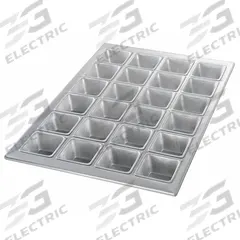 CHICAGO METALLIC Square Muffin Pan: Aluminum, 24 Slots, 14 1/8 in Overall Wd, 1 5/8 in Overall Dp (MPN 46605). Key specifications — Pan Style: Muffin Pan; Brand: CHICAGO METALLIC; Color: Silver; Material: Aluminum; NSF Certified: No; Number of Slots: 24.