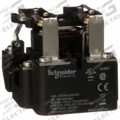 SCHNEIDER Open Power Relay: Surface Mounted, 40 A Current Rating, 240V AC, DPST-NO, 6 Pins/Terminals (MPN 199AX-10). Key specifications — Brand: SCHNEIDER; Base Type: Square; Mounting Style: Surface; Electrical Connection: Screw Terminal; Manufacturer Part Number: 199AX-10; Operating Current: 15 A at 120V AC (Tungsten Filament); Series: 199 Power Series.
