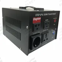 DAYTON Step Up/Step Down Voltage Converter: 1.5 kVA Power Rating, Single Phase, 50/60 Hz, 4 Outlets (MPN 16V987). Key specifications — Frequency: 50/60 Hz; Protective Device: None; Voltage Conversion: 110 to 220V AC; Brand: DAYTON; Phase: Single.
