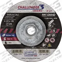 SAIT Abrasive Grinding Wheel: Type 29, 4 1/2" x 1/8" x 5/8"-11, Ceramic, 36 Grit (MPN 27810). Key specifications — Series: Challenger 3 Ceramic; Brand: UNITED ABRASIVES-SAIT.