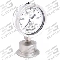REOTEMP Pressure Gauge: 0 psi to 100 psi, 2 1/2 in Dial, 1 1/2 in Tri-Clamp, Bottom, ±1.50% Accuracy (MPN SG25ATC15P18). Key specifications — Brand: REOTEMP; Case Material: 304 Stainless Steel; Lens Material: Plastic; Pressure Gauge Type: Sanitary Pressure Gauge; Accuracy: ±1.50%; Includes Calibration Certificate: No; Series: SG; Vibration Resistance: Corrosion Resistant.