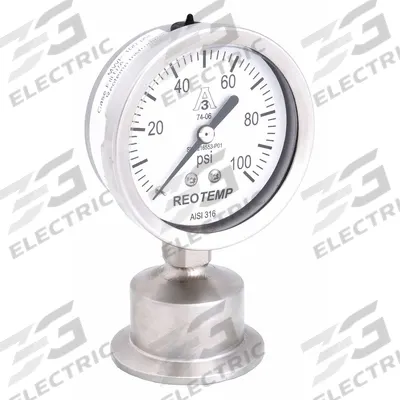 REOTEMP Pressure Gauge: 0 psi to 100 psi, 2 1/2 in Dial, 1 1/2 in Tri-Clamp, Bottom - Dial 3-A Certified Sanitary Pressure Gauges