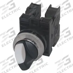 EATON Selector Switch: 22 mm Panel Mounting Size, 2 Positions, Short Lever, 1NO/1NC, Metallic (MPN M22M-WRK-K11). Key specifications — AC Contact Rating: 6 A @ 230 V; Action: Maintained/Maintained; Cam: No Cam Required; DC Contact Rating: 3 A @ 24 V; Hazardous Location Specification: Not Rated; Operator Head Material: Metal; Operator Head Type: Short-Handled Knob; Operator Illumination: Non-Illuminated.