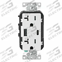 USB Receptacle: Duplex, 5-20R, USB Type A/C, White, 125V AC, 20 A (MPN T5833-W). Key specifications — Brand: LEVITON.