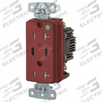 USB Receptacle: Duplex, 5-20R, 2 USB Ports, USB Type A/C, Red, 125V AC, 20 A (MPN USB8300CPDR). Key specifications — Brand: HUBBELL.