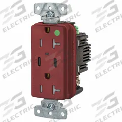 USB Receptacle: Duplex, 5-20R, 2 USB Ports, USB Type A/C, Red, 125V AC, 20 A (MPN USB8300CPDR). Key specifications — Brand: HUBBELL.