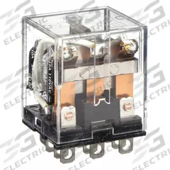OMRON General Purpose Relay: Socket Mounted, 10 A Current Rating, 24V DC, 3PDT, 11 Pins/Terminals (MPN LY3-DC24). Key specifications — Brand: OMRON; Base Type: Square; Mounting Style: Plug-In; Pin Shape: Flat; Electrical Connection: Plug-In; Manufacturer Part Number: LY3-DC24; Operating Current: 10 A at 110V AC (Resistive Load); Series: LY Series.