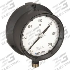 ASHCROFT Process Pressure Gauge: 0 psi to 300 psi, White, 4 1/2 in Dial, 1/2 in NPT Male, Bottom, 4X (MPN 451379SSL04L300#). Key specifications — Brand: ASHCROFT; Pointer Color: Black; Accuracy: ±0.5%; Dial Color: White; Gauge Wetted Parts: Stainless Steel; Case Material: Epoxy-Coated Aluminum; Vibration Resistance Properties: Liquid-Filled; Pressure Range: 0 psi to 300 psi.
