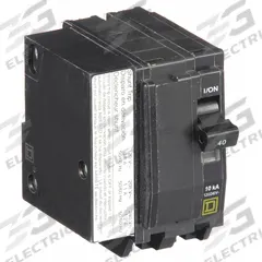 SQUARE D Miniature Circuit Breaker: 40 A, 120/240V AC, Single Phase, 10kA at 120/240V AC, 2 Poles (MPN QO2401021). Key specifications — Phase: Single; Amps: 40 A; AC Voltage Rating: 120/240V AC; Max. AIR Rating: 10kA at 120/240V AC; For Use With: QO Load Centers and NQ Panelboards; Brand: SQUARE D.