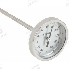 REOTEMP Soil Dial Thermometer: -40°F to 160°F, +/- 1% Accuracy, 12 in Stem Lg, Fahrenheit (MPN HH1202F23PS). Key specifications — Accuracy: +/- 1%; Housing Material: Stainless Steel; Brand: REOTEMP; Temperature Units: Fahrenheit.