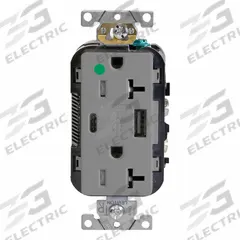 USB Receptacle: Duplex, 5-20R, 1 USB Ports, USB Type A/C, Gray, 125V AC, 20 A (MPN T5833-HGG). Key specifications — Brand: LEVITON.