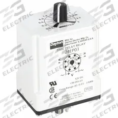 DAYTON Single Function Time Delay Relay: Socket Mounted, 12V DC, 10 A, 8 Pins/Terminals, On Delay (MPN 24EP03). Key specifications — Brand: DAYTON.