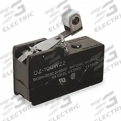 OMRON Snap Action Switch: Hinge Roller Lever Actuator, 3NO/3NC, Solder (MPN DZ-10GW22-1A). Key specifications — AC Contact Rating: 2 A @ 480 V; Electrical Connection: Solder; Series: DZ; Brand: OMRON.