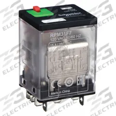 SCHNEIDER General Purpose Relay: Socket Mounted, 15 A Current Rating, 120V AC, 3PDT, E Socket (MPN RPM31F7). Key specifications — Brand: SCHNEIDER; Base Type: Square; Mounting Style: Plug-In; Pin Shape: Flat; Electrical Connection: Quick-Connect; Manufacturer Part Number: RPM31F7; Series: Harmony™ RPM Series.