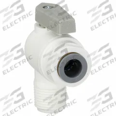 PARKER Manual Two-Way Ball Valve: 3/8 in, Polypropylene, Angle, Push x MNPT, Full Port Ball Port (MPN LFPP6VME6). Key specifications — Brand: PARKER; Handle: Lever.