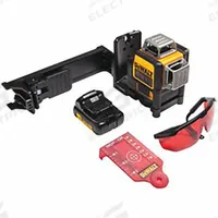DEWALT Cross Line Laser: 0 Lines and 0 Dots, Red Beam, 2 Planes, ±0.125 in Accuracy, Included (MPN DW089LR). Key specifications — attr935979: Li-Ion; attr934757: DEWALT; attr936112: ±0.125 in; attr936114: Electronic Self-Leveling; attr935981: Case.