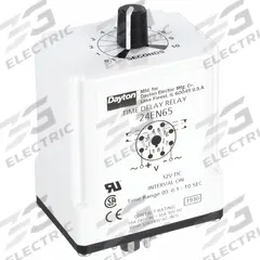DAYTON Single Function Time Delay Relay: Socket Mounted, 12V DC, 10 A, 8 Pins/Terminals, Interval (MPN 24EN65). Key specifications — Brand: DAYTON.