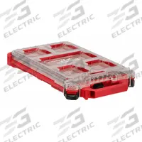 MILWAUKEE PACKOUT Tool Case: 9 3/4 in W x 15 3/16 in D x 2 1/2 in H, Plastic, Red, 5 Dividers (MPN 48-22-8436). Key specifications — attr1120253: MILWAUKEE; attr1120340: Plastic; attr1120341: Red; attr1120220: (1) Packout Low Profile Organizer.