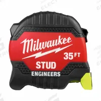 MILWAUKEE STUD Tape Measure: Nonmagnetic Single Hook Tip, 35 ft / 25 ft/35 ft / 35 ft, Red (MPN 48-22-1435E). Key specifications — attr935324: MILWAUKEE; attr942259: Red; attr935326: Tether Ready; attr935328: 1/16 in; attr935329: Inches; attr935337: SAE/Engineers Scale; attr936607: Manual Lock; attr985315: Greater than 5 m.
