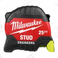MILWAUKEE STUD Tape Measure: Nonmagnetic Single Hook Tip, 25 ft, Plastic, Black/Red (MPN 48-22-1425E). Key specifications — attr935324: MILWAUKEE; attr942259: Red; attr935326: High-Visibility Blade; attr935328: 1/16 in; attr935329: Inches; attr935337: SAE; attr936607: Manual Lock; attr972446: Inch.