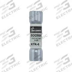 BUSSMANN Fuse: KTK Series, Midget, Fast-Acting, 6 A, 600 V AC, 13/32 in x 1 1/2 in, Non-Indicating (MPN KTK-6). Key specifications — attr1287209: KTK; attr211192: BUSSMANN.