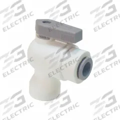 PARKER Manual Two-Way Ball Valve: 1/8 in, Polypropylene, Angle, Push x FNPT, One-Piece, Lever (MPN LFPP4VFE2). Key specifications — Brand: PARKER; Handle: Lever.