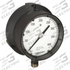 ASHCROFT Process Pressure Gauge: 0 psi to 400 psi, White, 4 1/2 in Dial, 1/2 in NPT Male, Bottom, 4X (MPN 451379SSL04L400#). Key specifications — Brand: ASHCROFT; Pointer Color: Black; Accuracy: ±0.5%; Dial Color: White; Gauge Wetted Parts: Stainless Steel; Case Material: Epoxy-Coated Aluminum; Vibration Resistance Properties: Liquid-Filled; Pressure Range: 0 psi to 400 psi.