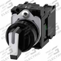 SIEMENS Selector Switch: 22 mm Panel Mounting Size, 3 Positions, Short Lever, 1NO, Non-Metallic (MPN 3SU1100-2BL60-1NA0). Key specifications — AC Contact Rating: 10 A @ 600 V; Action: Maintained/Maintained/Maintained; Cam: No Cam Included; DC Contact Rating: 1 A @ 600 V; Hazardous Location Specification: Not Rated; Operator Head Material: Plastic; Operator Head Type: Short-Handled Knob; Operator Illumination: Illuminated.