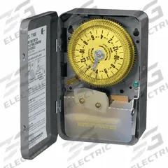 INTERMATIC Electromechanical Timer: 24 hr, 480V AC, SPDT, Mechanical (MPN T1905E). Key specifications — Body Material: Metal; Indoor/Outdoor Usage: Indoor; Mounting Style: Surface; Brand: INTERMATIC.