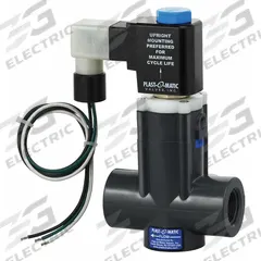 PLAST-O-MATIC Solenoid Valve: 2-Way, Normally Closed, 1 in Pipe Size, 120V AC, Inline Single (MPN EASMT6V22W24-120/60-PV). Key specifications — Pipe Size: 1 in; Voltage: 120V AC; Brand: PLAST-O-MATIC; Coil Enclosure: Watertight.