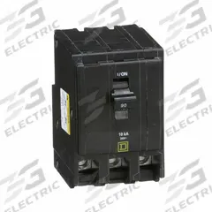 SQUARE D Miniature Circuit Breaker: 90 A, 120/240V AC, Three Phase, 10kA at 120/240V AC, 3 Poles (MPN QO390). Key specifications — Phase: Three; Amps: 90 A; AC Voltage Rating: 120/240V AC; Max. AIR Rating: 10kA at 120/240V AC; For Use With: QO Load Centers and NQ Panelboards; Brand: SQUARE D.