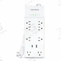 CYBER POWER Outlet Strip: 8 Outlets, 6 ft Cord Lg, 2,400 J Rated Energy, 15 A Current, UL 1449 (MPN P806UC15). Key specifications — Brand: CYBER POWER; Mounting Style: Keyhole.