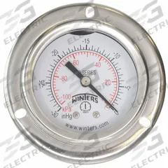 WINTERS Panel-Mount Vacuum Gauge: Front Flange, 2 in Dial, 1/4 in NPT Male, Center Back, PFQ, PFQ, 4 (MPN PFQ2478-DRY-2FF). Key specifications — Accuracy: ±2.5%; Brand: WINTERS; Vibration Resistance Properties: Field-Fillable; Gauge Wetted Parts: Brass / Bronze.