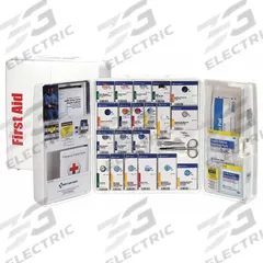 FIRST AID ONLY First Aid Kit and Housing: Gen Purpose, 50 People Served, 299 Components, Plastic (MPN 1300-FAE-0103). Key specifications — Adhesive Bandages Included: (50) Metal Detectable Bandages; Application: General Purpose; Brand: FIRST AID ONLY; Housing Color: White; Housing Material: Plastic; Includes Oral or Inhalant Medication: Medication Included; Mountable: Portable; Oral and Inhalant Medicinals Included: (20) Non-Aspirin Pain Relievers.